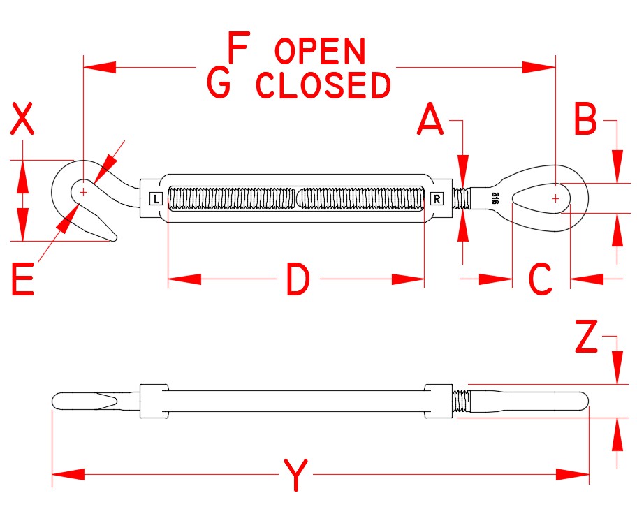 Stainless Steel Forged Hook and Eye Turnbuckle, S0110-HE07, S0110-HE08, S0110-HE10, S0110-HE13, S0110-HE16, S0110-HE20, Line Drawing Stainless Steel Forged Hook and Eye Turnbuckle, S0110-HE07, S0110-HE08, S0110-HE10, S0110-HE13, S0110-HE16, S0110-HE20, Line Drawing
